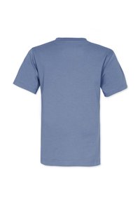 Kortærmet t-shirt i lyseblå bomuld. Har en rund halsudskæring og en syet kant. Glat tekstur uden mønstre eller accenter.