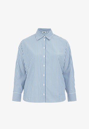 Prúžkovaná košeľa na gombíky s modro-bielymi vertikálnymi prúžkami, klasickým golierom a dlhými rukávmi s detailmi na manžetách. Ľahký materiál.