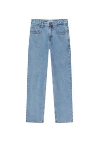 Lichtblauwe denim jeans met een rechte pijpdesign, vijf zakken en een knoopsluiting. De stof heeft een zachte, licht versleten textuur.
