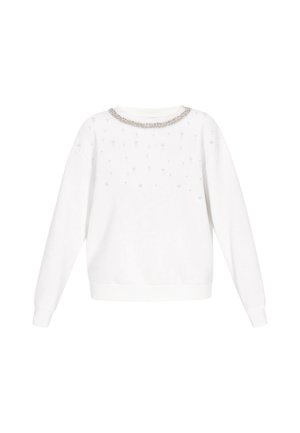 Weißer Pullover mit Rundhalsausschnitt, verziert mit silbernen Perlen am Ausschnitt und strukturierten Details am Körper. Lange Ärmel.