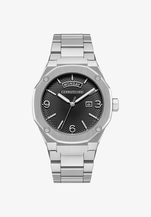 Reloj octagonal plateado con un dial negro texturizado, marcadores de hora blancos, indicador de fecha y pulsera de acero inoxidable. Incluye un indicador de día.