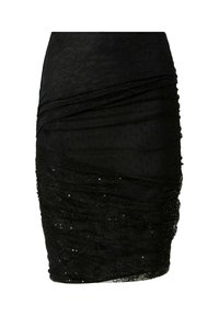 Mini gonna nera realizzata in tessuto sovrapposto con trame in pizzo e pois, impreziosita da paillettes sparse per un tocco di dettaglio.