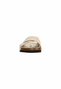 Beige slide sandal with a wide strap and a cork footbed, featuring a black rubber sole. Soft texture with minimalistic design.