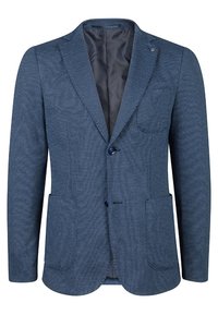 Texturerad blå blazer med en tvåknapps stängning, fickor med lappar och en slät innerfoder. Har ett subtilt hundtandsmönster.