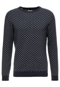 Navy blue sweater with white star-like pattern, crew neckline, long sleeves, and ribbed cuffs and hem. Made from a soft knit material.