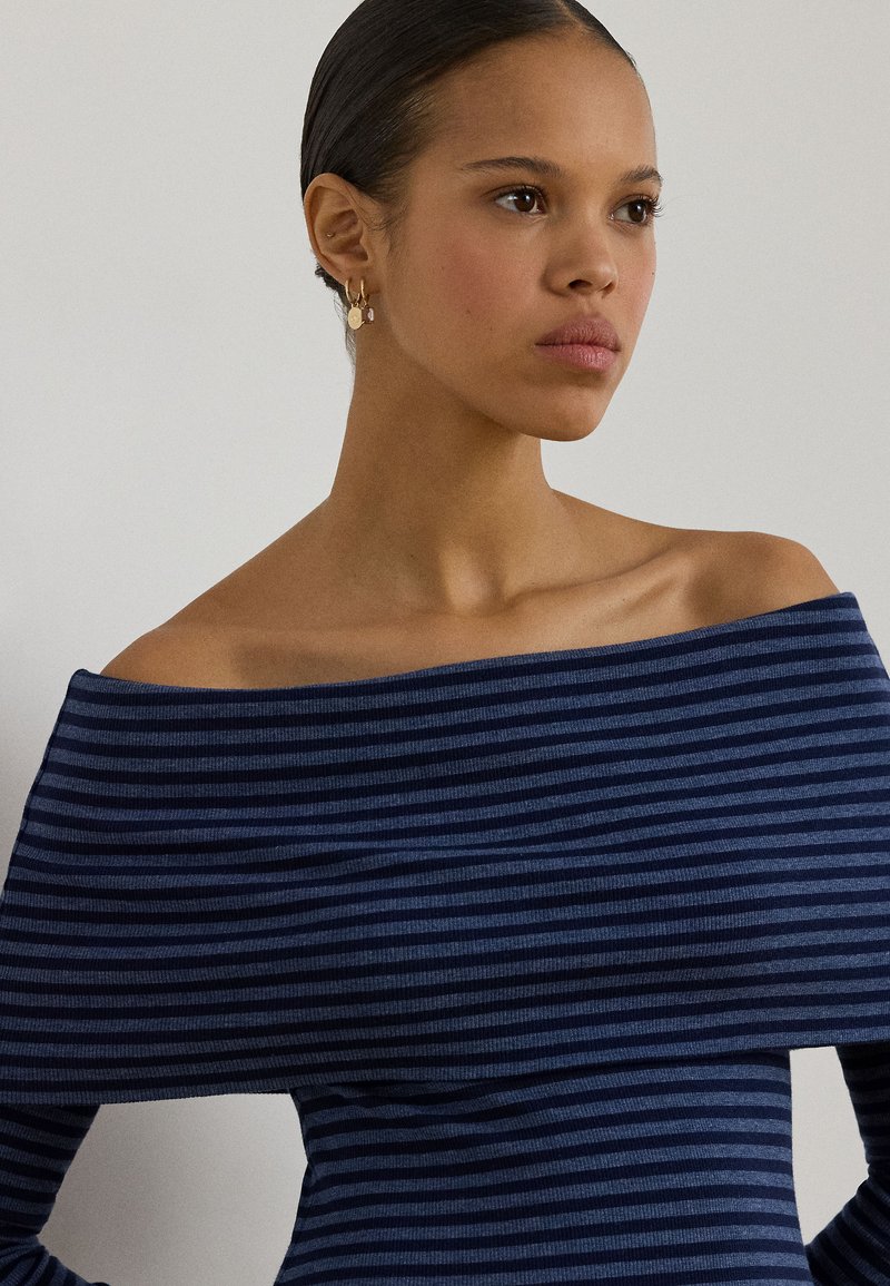 ralph lauren striped off the shoulder dress Ralph Lauren Women's Striped Ruffled Cotton Wrap Dress