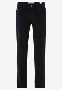 Navyblå kordbyxor med rak skärning, featuring en knappstängning, fem fickor och en mjuk, texturerad yta.