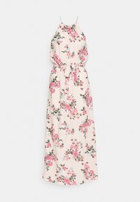 Maxi šaty ze světle béžového materiálu s květinovým vzorem v růžových a zelených akcentem, s nastavitelnými ramínky a detailem na zavazování v pase.