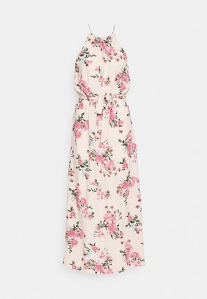 Maxi-jurk van lichtbeige stof met een bloemenpatroon in roze en groene accenten, verstelbare bandjes en een taillebanddetail.
