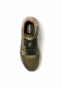 Olive green and beige suede sneaker with black laces, branded "HOFF Los Angeles" on insole and tongue, viewed from above on a white background.