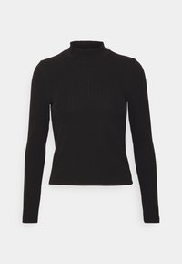 Svart långärmad turtleneck-tröja i ribbat tyg, med en figurnära design och hög krage. Slät yta utan synliga mönster.