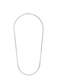 Collana in argento con design a anelli rotondi, texture liscia e chiusura sicura, adatta per occasioni informali o formali.