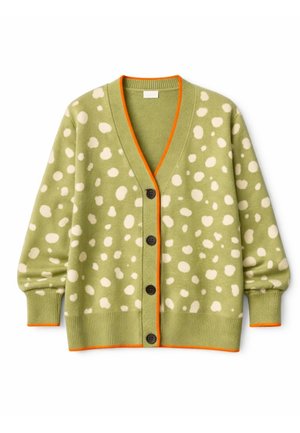 Ανοιχτό πράσινο πουλόβερ με ελληνικό κουμπί και άσπρες ακανόνιστες κηλίδες, πορτοκαλί περιθώριο στο λαιμό, τα μανίκια και το τελείωμα. Ριμπ μανίκια και τελείωμα.