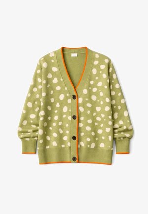 Light green button-up cardigan with white irregular spots, orange trim on neckline, cuffs, and hem. Ribbed cuffs and hem.