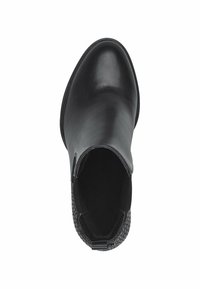 Bottines en cuir noir avec une surface lisse, bout arrondi, panneaux latéraux en élasthanne et détail texturé au talon.