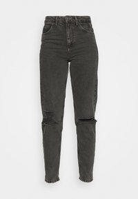 Högmidjade svarta jeans i denim med en figurnära silhuett, med slitna knäskärningar och en klassisk fem-fickors design.