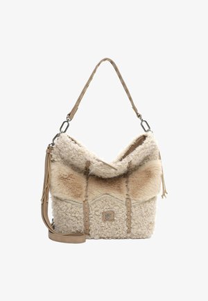 Beige Handtasche aus strukturiertem Stoff mit einem samtigen Finish. Sie verfügt über ein lässiges Design, einen Schultergurt und dekorative Stickakzente.