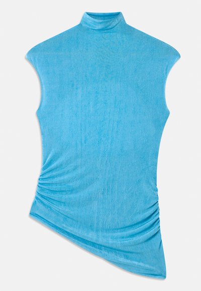 Blue sleeveless top made of soft, textured fabric. Features a high collar and asymmetrical design with gathered detailing on one side.