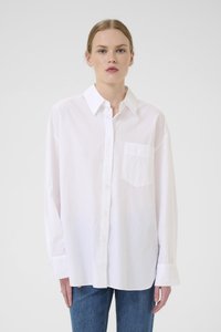 White button-up shirt with a classic collar, long sleeves, and a left chest pocket. Made from a smooth, lightweight fabric.