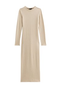 Abito beige lavorato a maglia a maniche lunghe con texture a coste, dotato di scollo rotondo e silhouette dritta lunga fino alla caviglia.