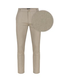 Beżowe spodnie w talii, wykonane z teksturowanej tkaniny, z zapięciem na guzik, średnim stanem i slim fit.