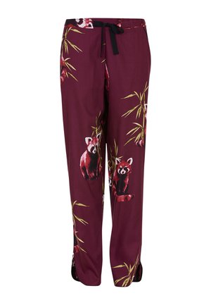 Bordeaux pyjamabroek met prints van rode panda's en bamboe, voorzien van een zwarte koord in de taille en een losse fit.
