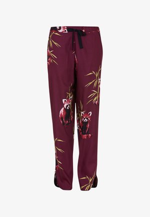 Bordeaux pyjamabroek met prints van rode panda's en bamboe, voorzien van een zwarte koord in de taille en een losse fit.