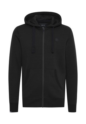 Black zip-up hoodie made of soft fabric, featuring a kangaroo pocket, adjustable drawstrings, and a round logo on the left chest area.