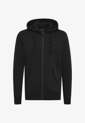 Black zip-up hoodie made of soft fabric, featuring a kangaroo pocket, adjustable drawstrings, and a round logo on the left chest area.