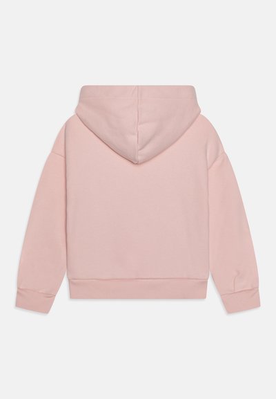 Sweatshirt à capuche rose, en coton, design légèrement court, avec des poignets et un ourlet côtelés, texture douce, dos simple et sans ornements.