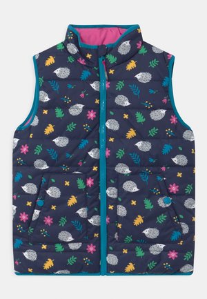 Navy puffer vest featuring a hedgehog and floral pattern, teal trim, zip closure, and two front pockets with snap buttons.