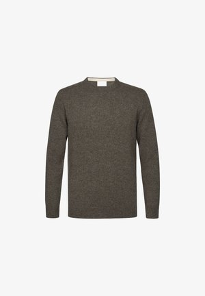 Ciemnobrązowy sweter z okrągłym dekoltem, długimi rękawami, prążkowanymi mankietami oraz dołem, wykonany z teksturowanej przędzy.