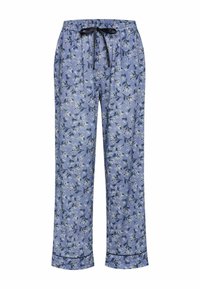 Blue floral pajama pants with an elastic waistband and black drawstring. Features a subtle flower pattern and contrasting black trim at the cuffs.