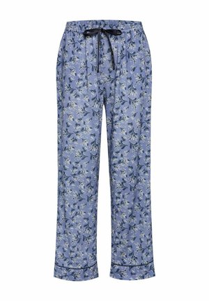 Blue floral pajama pants with an elastic waistband and black drawstring. Features a subtle flower pattern and contrasting black trim at the cuffs.