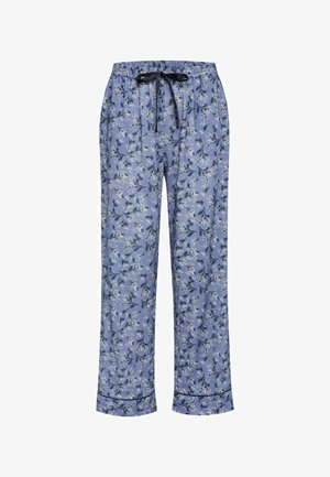 Blaue Blumenpyjamahose mit elastischem Bund und schwarzem Kordelzug. Sie hat ein dezentes Blumenmuster und kontrastierende schwarze Abschlüsse an den Hosenbeinen.