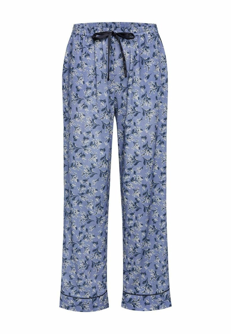 Blue floral pajama pants with an elastic waistband and black drawstring. Features a subtle flower pattern and contrasting black trim at the cuffs.