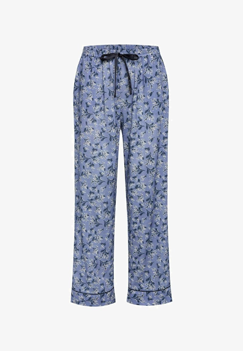 Blue floral pajama pants with an elastic waistband and black drawstring. Features a subtle flower pattern and contrasting black trim at the cuffs.
