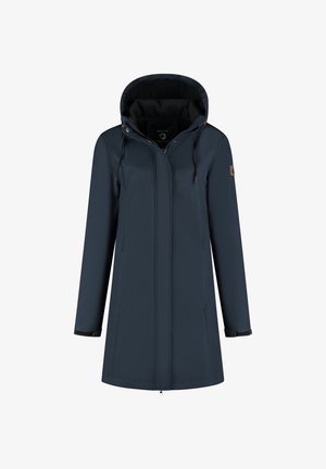 Marineblauwe waterdichte jas met een capuchon, ritsen sluiting, twee zijzakken en een verstelbare trekkoord. Zachte textuur met contrasterende binnenvoering.