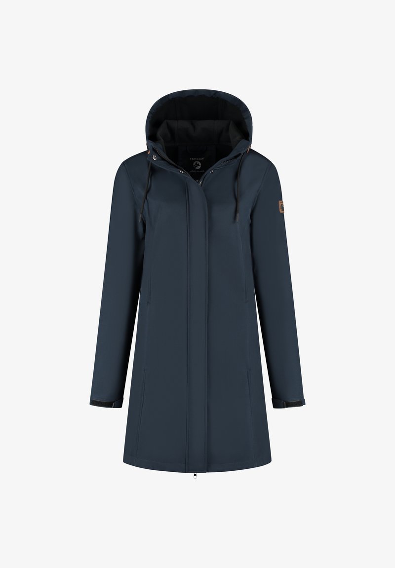 Veste imperméable marine avec capuche, fermeture éclair, deux poches latérales et cordon de serrage ajustable. Texture douce avec doublure intérieure contrastante.