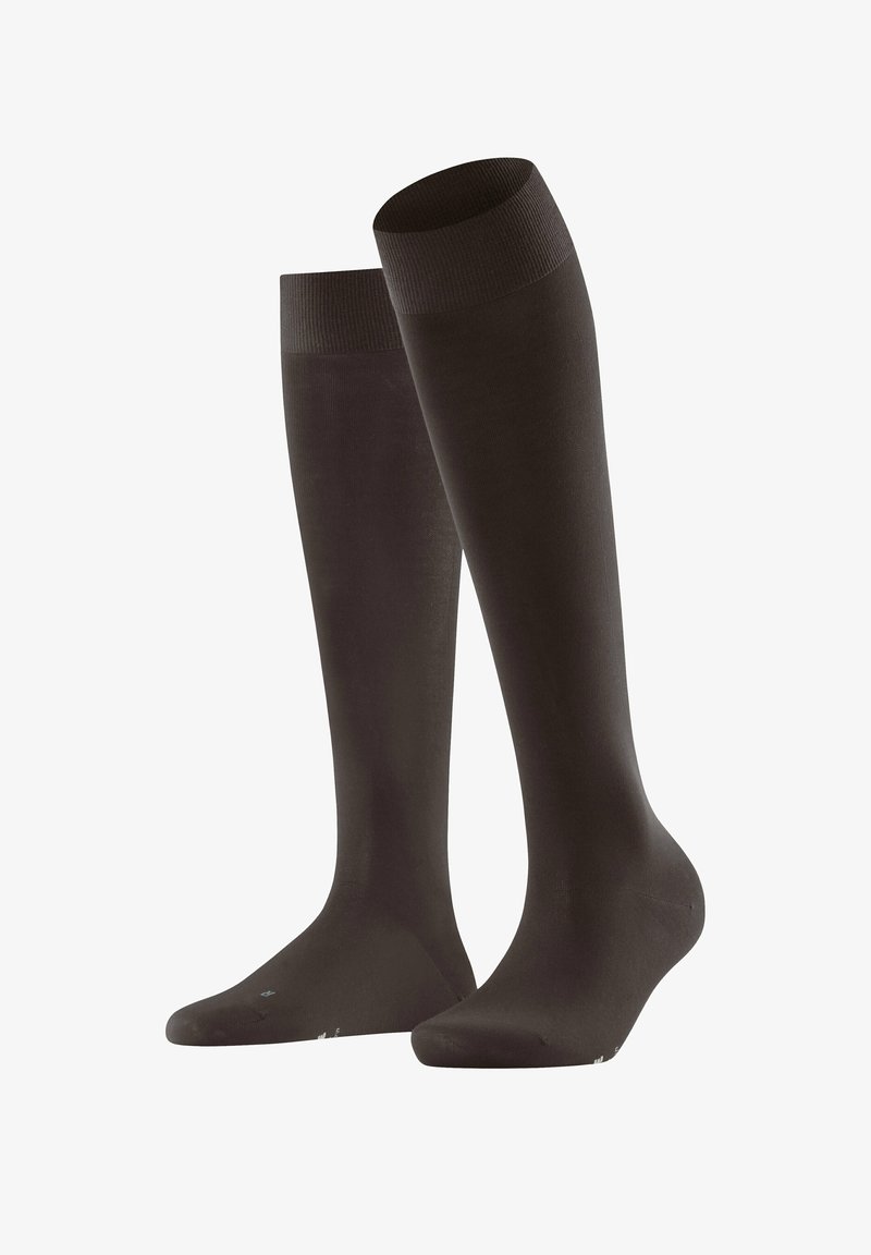 Knee-high brown socks made of smooth material with a ribbed cuff at the top and a seamless toe design for comfort.