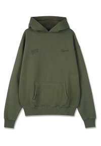 Oliwkowy hoodie z kieszonką z przodu, luźny krój i ściągacze na mankietach. Posiada haftowany napis na klatce piersiowej. Wykonany z miękkiej mieszanki bawełny.
