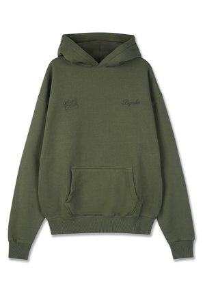 Sudadera verde oliva con bolsillo frontal, corte holgado y puños acanalados. Presenta texto bordado en el pecho. Material suave de mezcla de algodón.