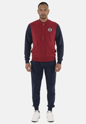 Uomo che indossa una giacca con zip con corpo rosso e maniche blu navy, pantaloni blu navy e sneakers bianche, in piedi davanti a uno sfondo chiaro.