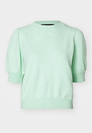 Pull en maille vert menthe, à manches courtes, avec un col rond, un tissu texturé et un côtes-fines ajusté aux poignets et à l'ourlet.