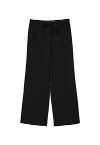 Pantalons larges noirs en tissu doux, dotés d'une taille élastique avec cordon de serrage pour un ajustement réglable et une texture lisse.