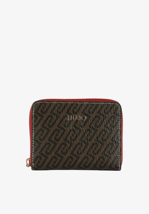 Portafoglio Liu Jo marrone e nero con motivo a fantasia, rifinitura con cerniera rossa e cursore dorato, design rettangolare e compatto.