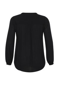 Chemise noire à manches longues en tissu léger. Dotée d'un col rond et d'un détail de pli au dos. Poignets élastiques et coupe décontractée.