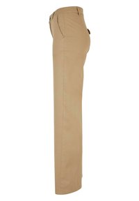 Beige katoenen broek met een rechte pijpontwerp, zijzakken en een tailleband met knoopsluiting. Glad van textuur.
