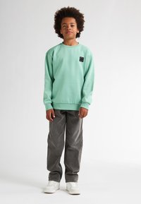 Sweatshirt vert menthe avec un patch logo noir, associé à un pantalon en denim gris et des baskets blanches. Coupe décontractée avec des poignets et un ourlet côtelés.