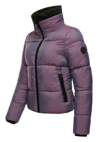 Purple puffer jacket with a black collar, zip closure, two zippered pockets, and a patch on the sleeve. Features quilted texture.